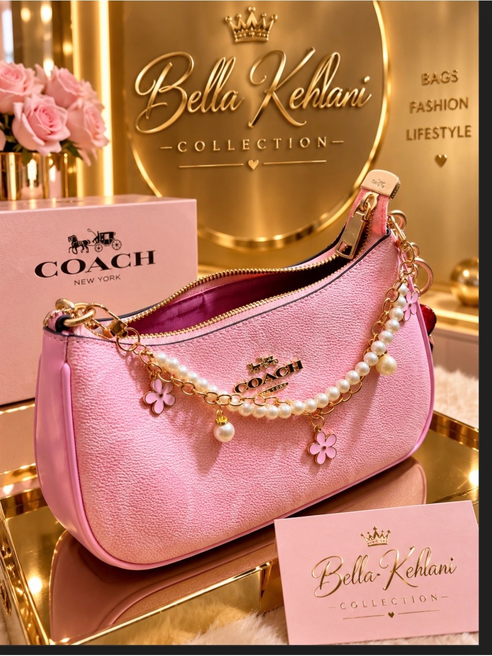 Coach Pink Pearl-Chain Leather Shoulder Bag with Gold Hardware